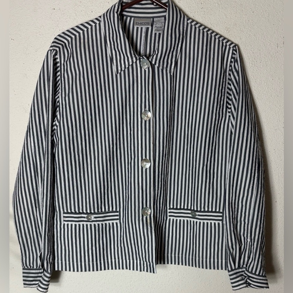 Chico's Black and White Striped Jacket-size 2 ( large )